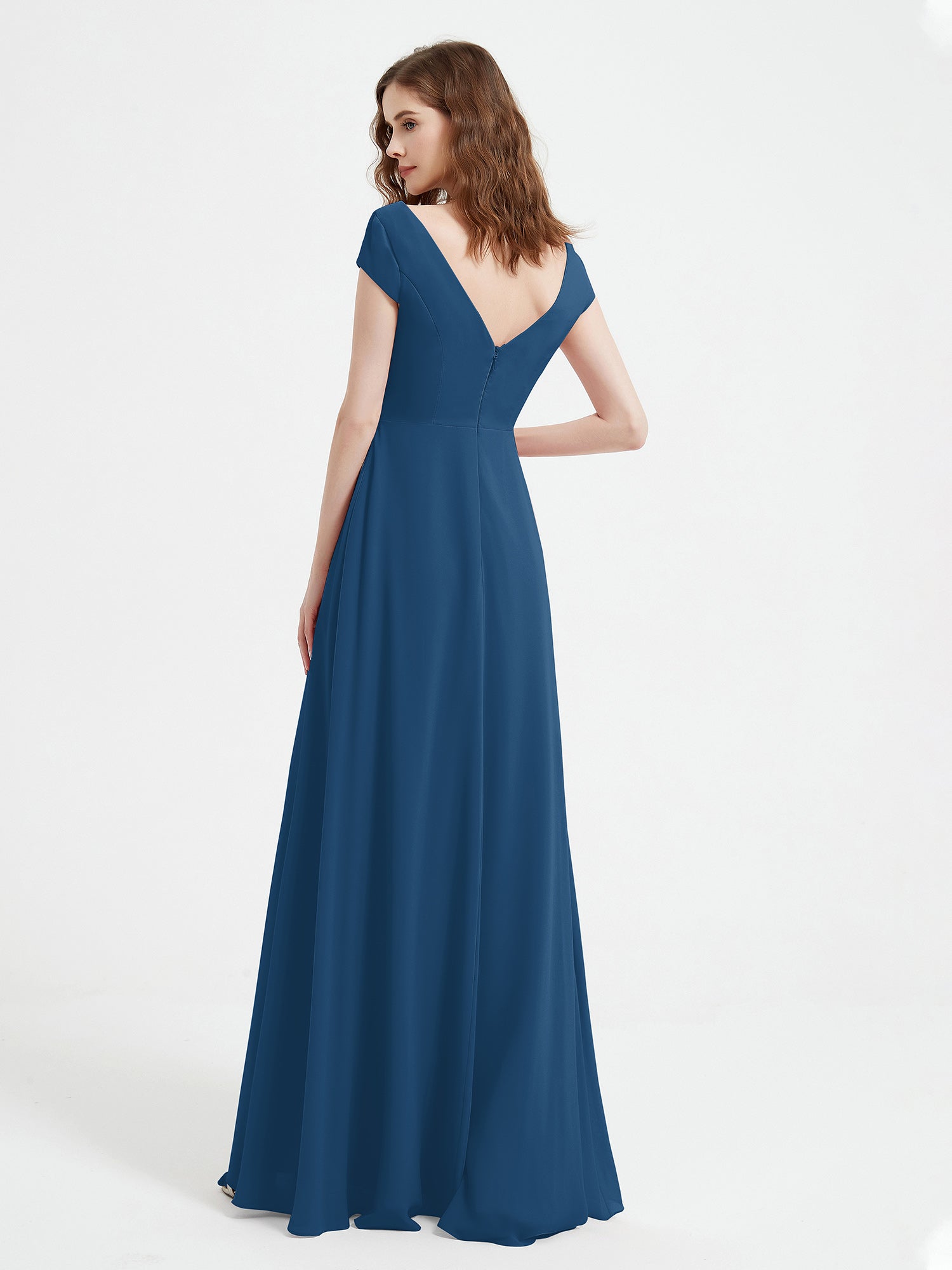 A-line V-neck Chiffon Ruched Floor-length Dress Ink Blue
